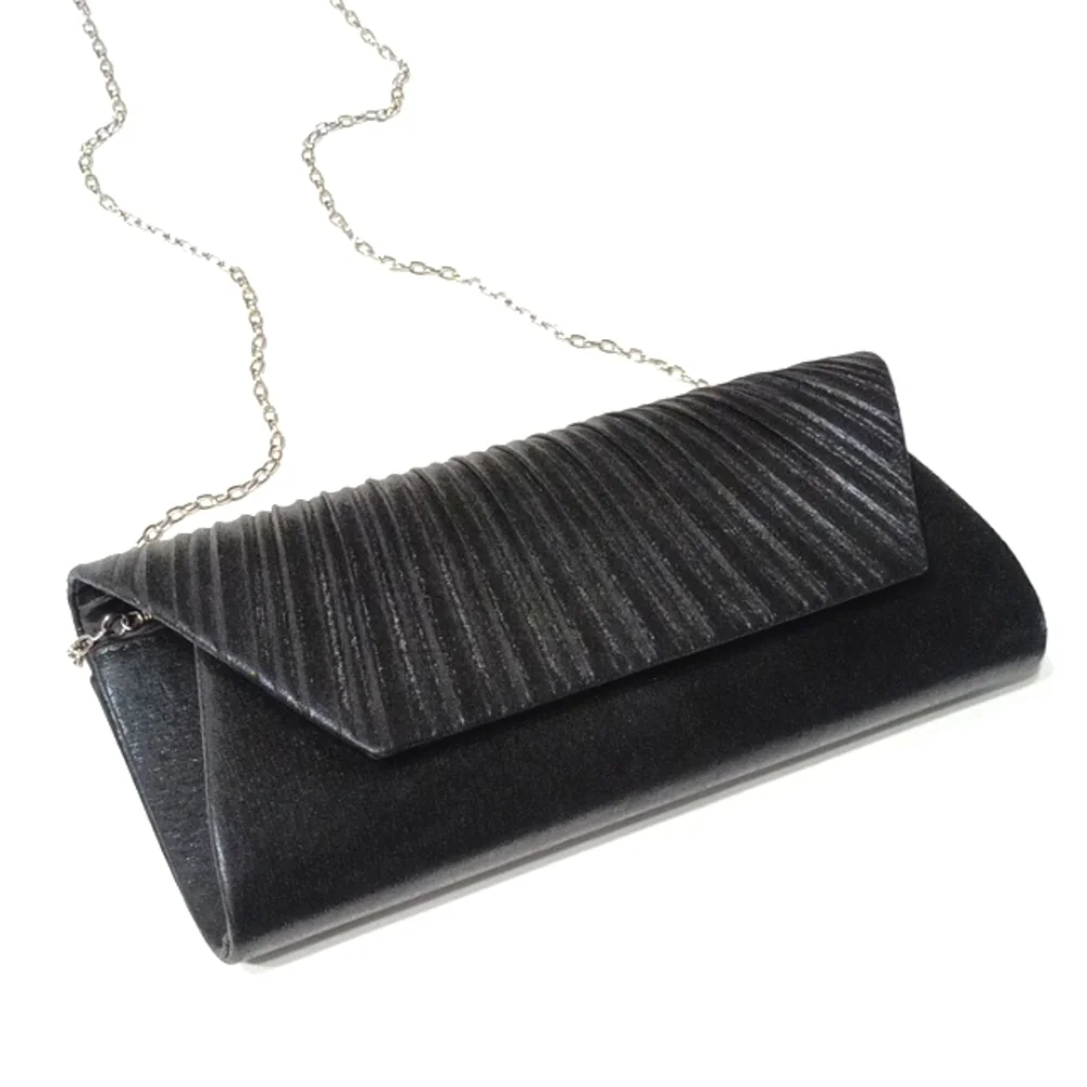 Shimmer Black Envelope Clutch Formal Chain Strap Handbag